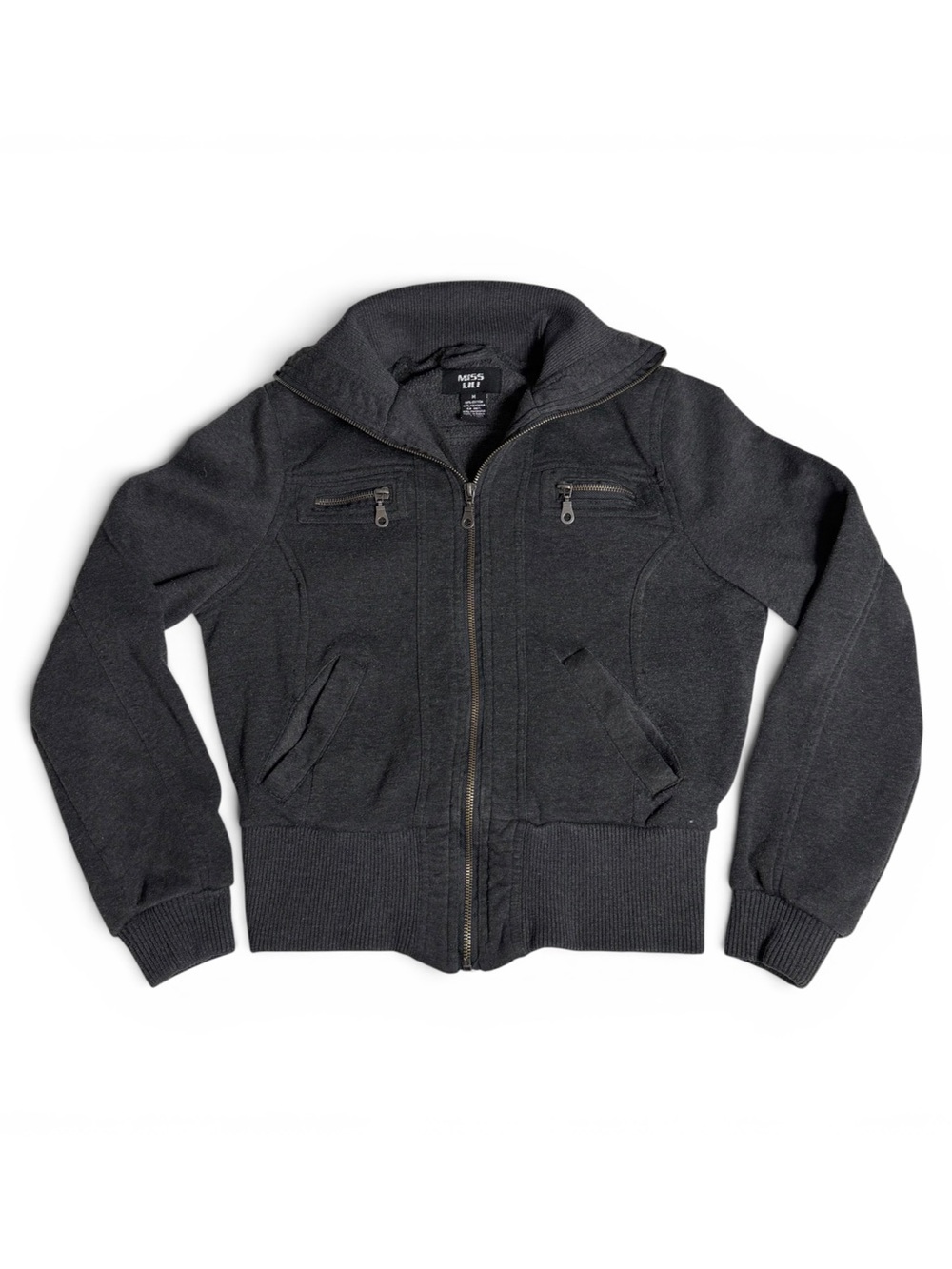 Y2K Miss Lili Charcoal Gray Zip-Front Knit Bomber Moto Jacket with Ribbed Trim